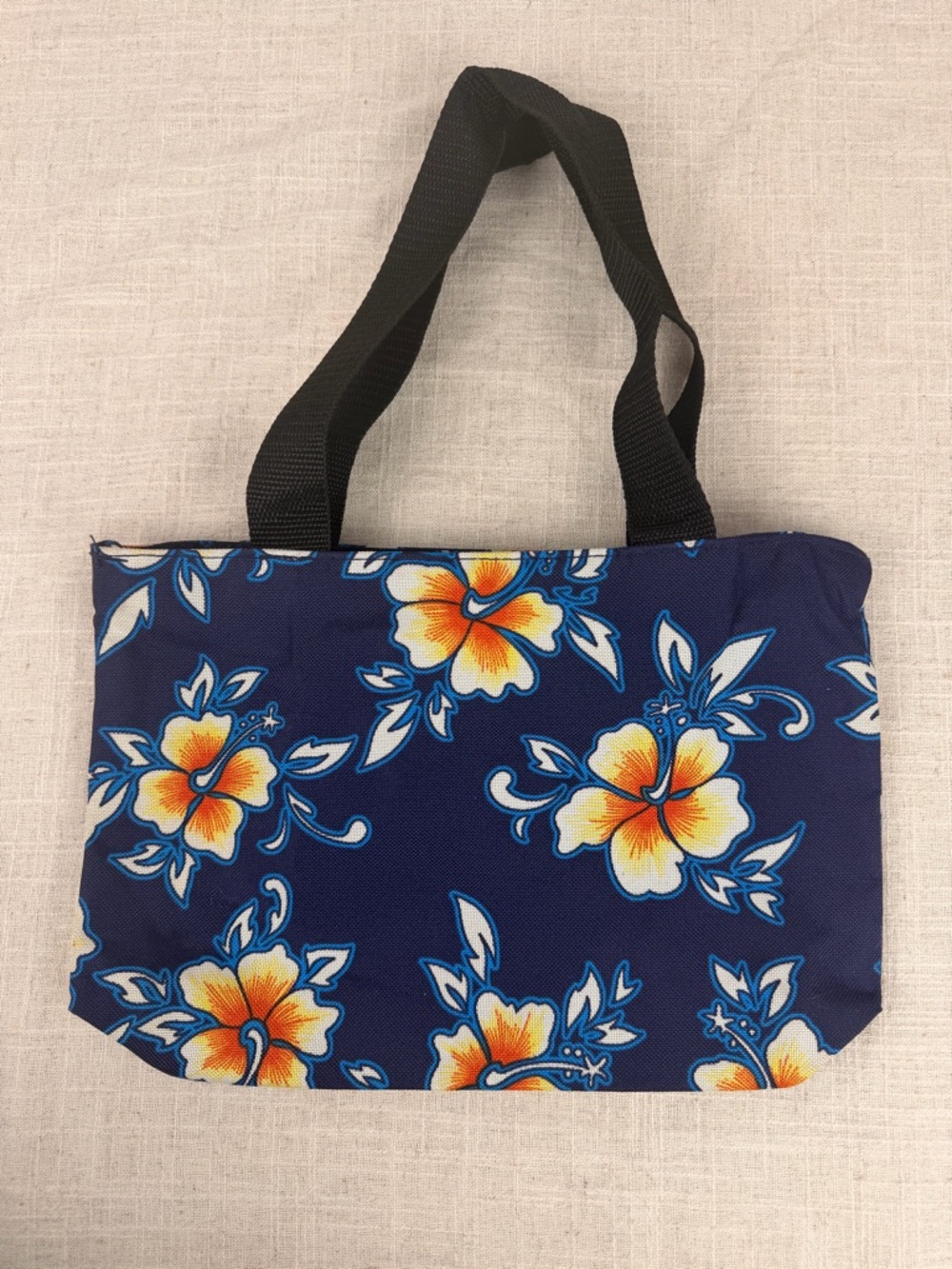 Floral Navy Canvas Tote Bag with Yellow Hibiscus